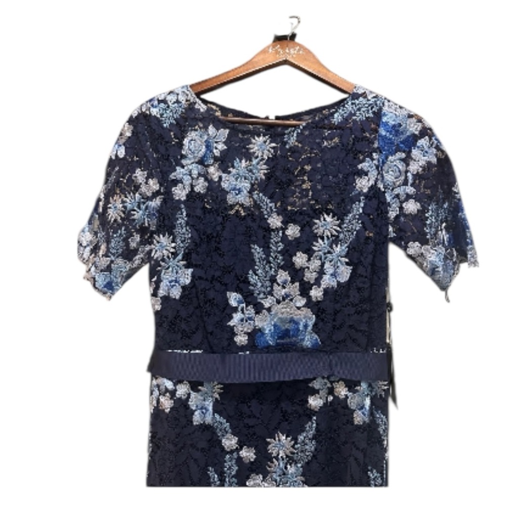 Adrianna Papell Navy Floral Lace Column Maxi Gown Short Sleeve NWT 2 - Picture 7 of 10